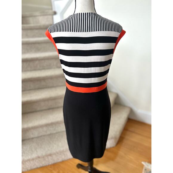 Joseph Ribkoff Black Orange & White Stripe Zipper Front Sheath Dress - Picture 4 of 7